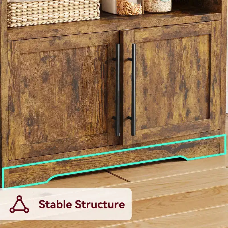 Microwave Stand Bakers Rack Cabinet, Farmhouse Wooden Storage Cabinet with Power Outlet with Thickened Counter