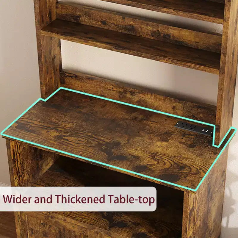 Microwave Stand Bakers Rack Cabinet, Farmhouse Wooden Storage Cabinet with Power Outlet with Thickened Counter
