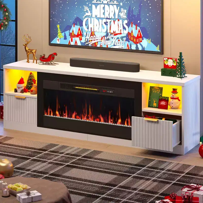Bestier 70 Fluted Glossy Fireplace TV Stand with 36 Fireplace & LED Light Modern Entertainment Center with Cabinets