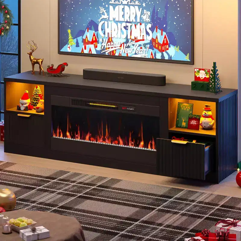 Bestier 70 Fluted Glossy Fireplace TV Stand with 36 Fireplace & LED Light Modern Entertainment Center with Cabinets