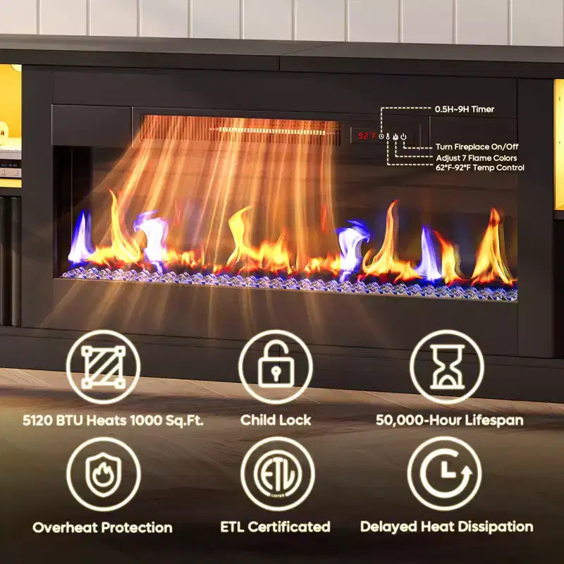 Bestier 70 Fluted Glossy Fireplace TV Stand with 36 Fireplace & LED Light Modern Entertainment Center with Cabinets