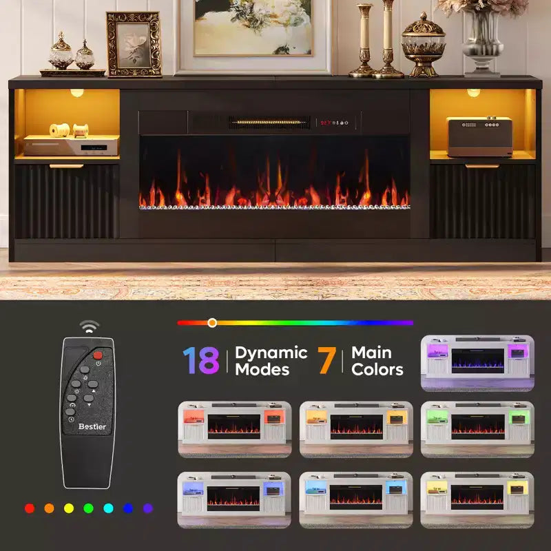 Bestier 70 Fluted Glossy Fireplace TV Stand with 36 Fireplace & LED Light Modern Entertainment Center with Cabinets