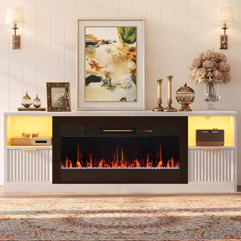 Bestier 70 Fluted Glossy Fireplace TV Stand with 36 Fireplace & LED Light Modern Entertainment Center with Cabinets