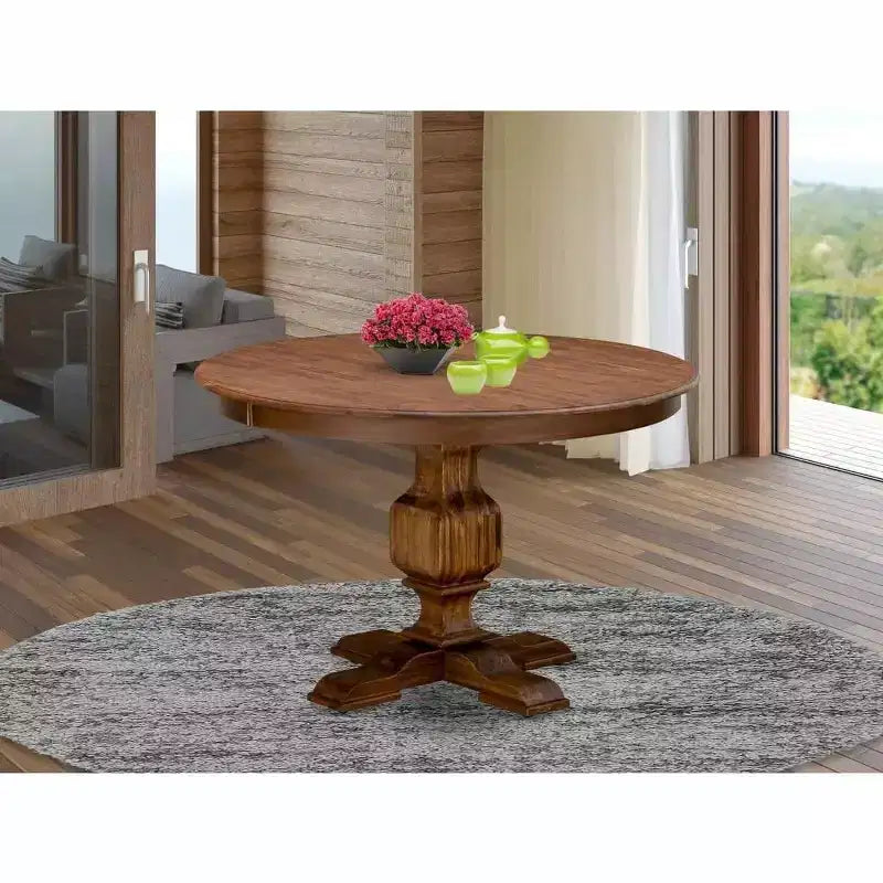 HomeStock Round Dining Table with Pedestal, Rustic Rubberwood Table