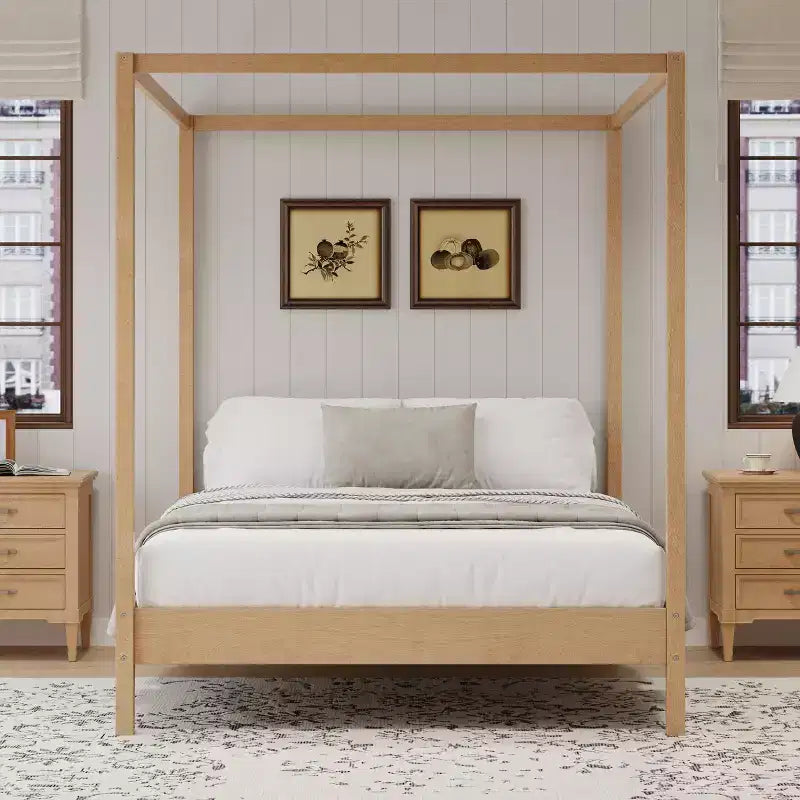 Queen/King Size Four Poster Platform Bed, Solid Wood Canopy Bed Frame, No Box Spring Needed - ModernLuxe