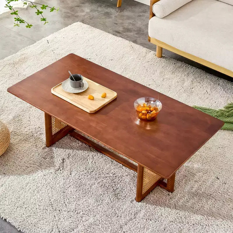 47W Rattan Coffee Table Cocktail Table Wood Center Table Rectangular Sofa Table, Natural/Brown-Modernluxe