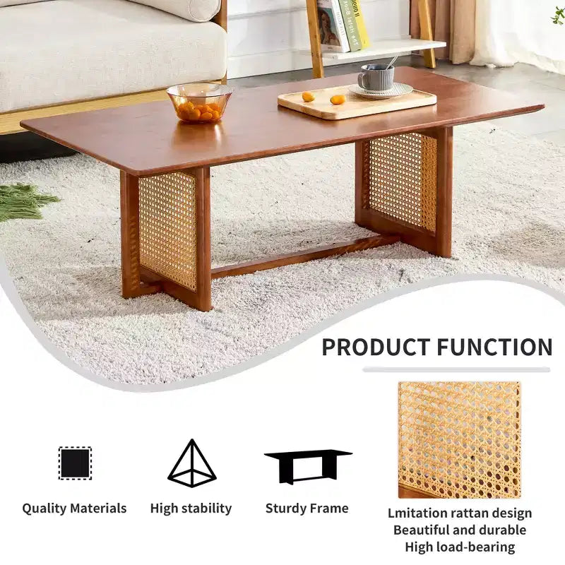 47W Rattan Coffee Table Cocktail Table Wood Center Table Rectangular Sofa Table, Natural/Brown-Modernluxe
