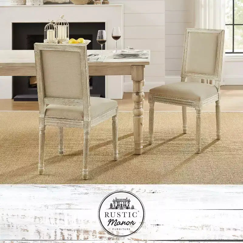 Rustic Manor David Linen Armless Dinng Chair with Antique Brushed Wood Finish (Set of 2)