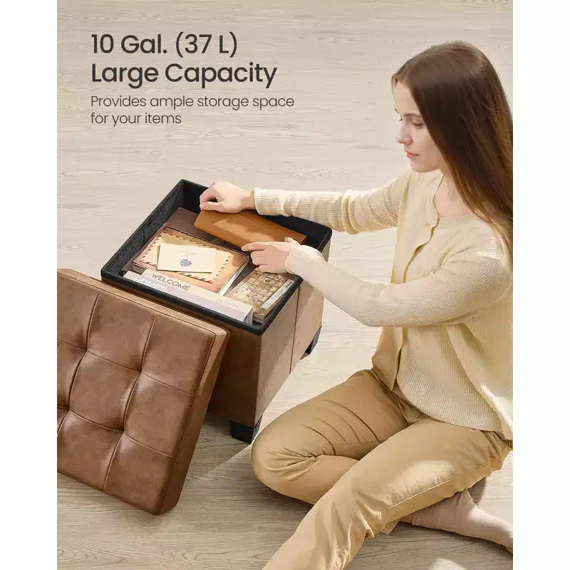 15x15x15.7-Inch Cube Storage Ottoman with Legs. 10 Gal (37 L) Capacity. Synthetic Leather Footstool/Footrest.