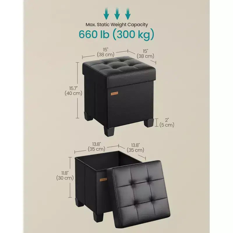 15x15x15.7-Inch Cube Storage Ottoman with Legs. 10 Gal (37 L) Capacity. Synthetic Leather Footstool/Footrest.