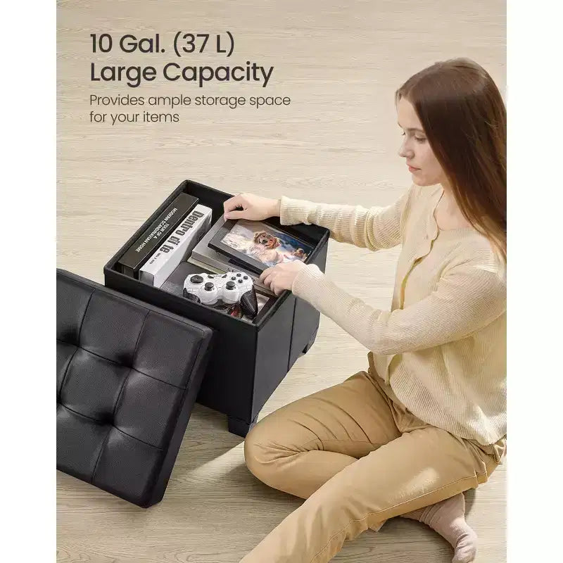 15x15x15.7-Inch Cube Storage Ottoman with Legs. 10 Gal (37 L) Capacity. Synthetic Leather Footstool/Footrest.