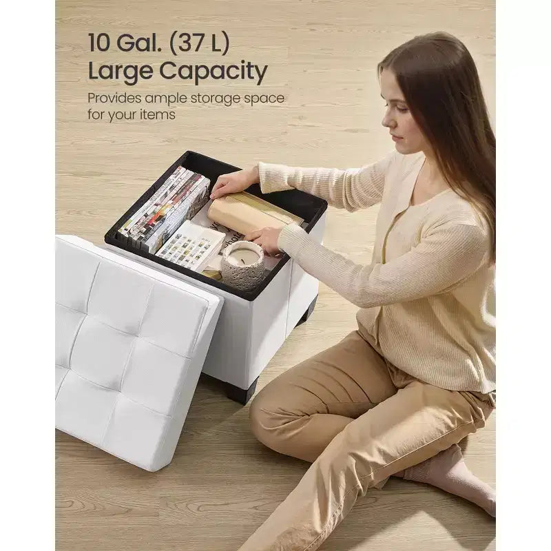 15x15x15.7-Inch Cube Storage Ottoman with Legs. 10 Gal (37 L) Capacity. Synthetic Leather Footstool/Footrest.