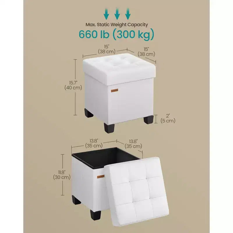 15x15x15.7-Inch Cube Storage Ottoman with Legs. 10 Gal (37 L) Capacity. Synthetic Leather Footstool/Footrest.