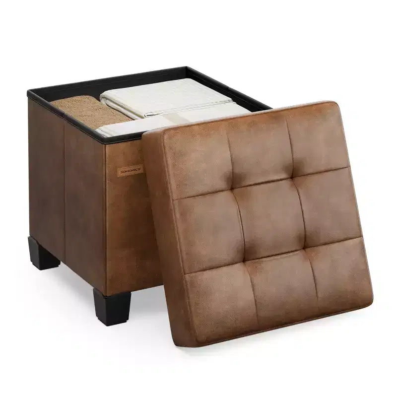 15x15x15.7-Inch Cube Storage Ottoman with Legs. 10 Gal (37 L) Capacity. Synthetic Leather Footstool/Footrest.