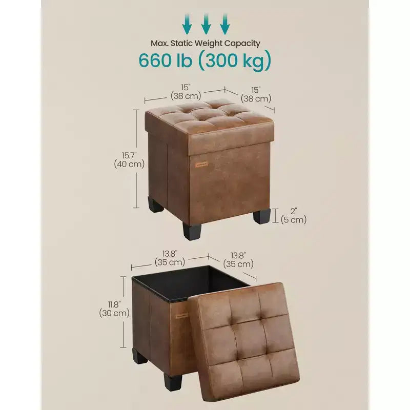 15x15x15.7-Inch Cube Storage Ottoman with Legs. 10 Gal (37 L) Capacity. Synthetic Leather Footstool/Footrest.