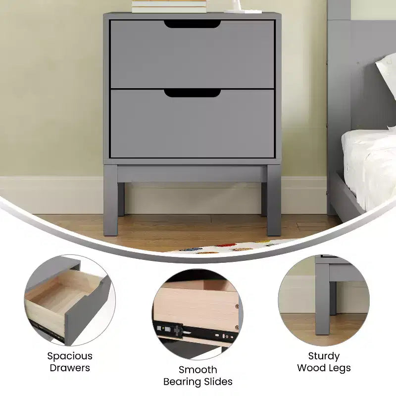 Emma and Oliver Kids Double-Drawer Night Stand with Solid Wood Frame, Side Table for Kids Bedroom