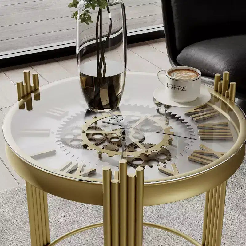 Famapy Gold Top Clock End Table w/Rotating Gear Display Round Nightstand Side Accent Table