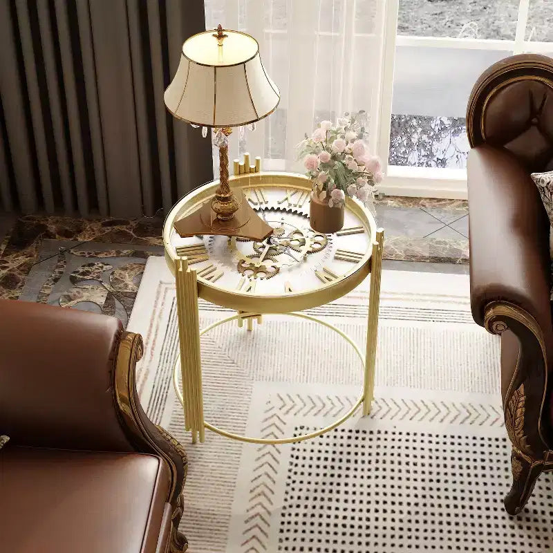 Famapy Gold Top Clock End Table w/Rotating Gear Display Round Nightstand Side Accent Table