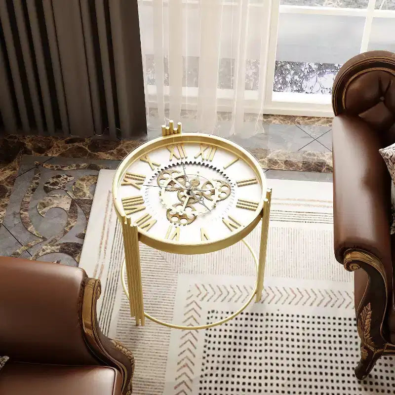 Famapy Gold Top Clock End Table w/Rotating Gear Display Round Nightstand Side Accent Table