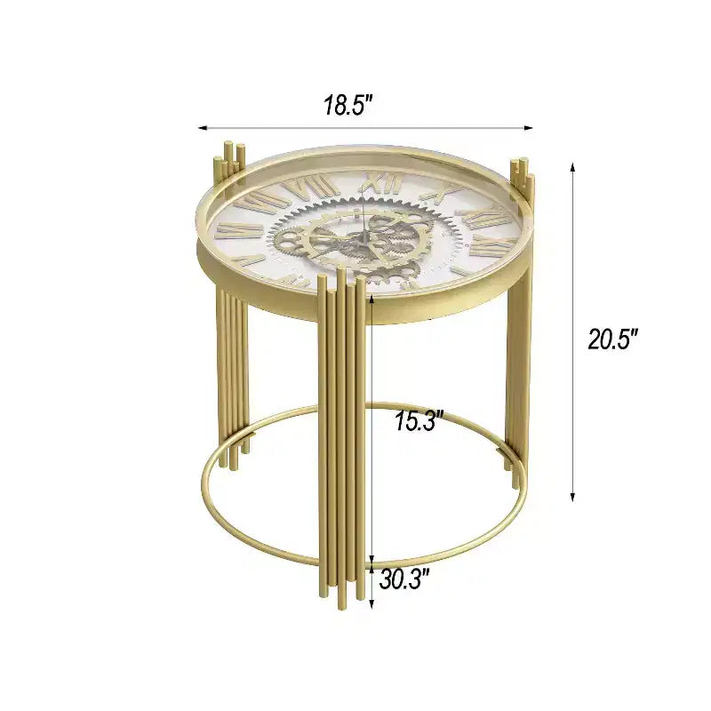 Famapy Gold Top Clock End Table w/Rotating Gear Display Round Nightstand Side Accent Table