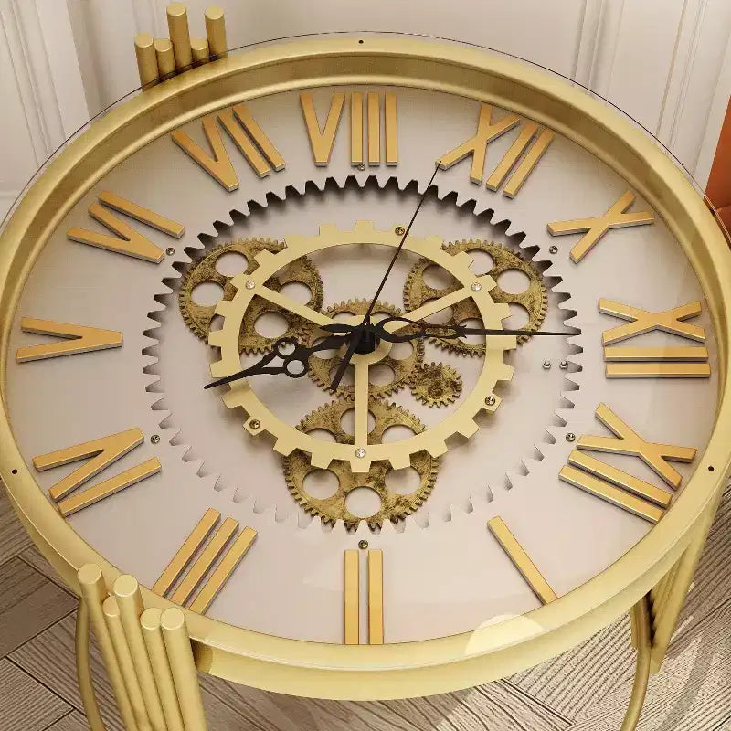 Famapy Gold Top Clock End Table w/Rotating Gear Display Round Nightstand Side Accent Table