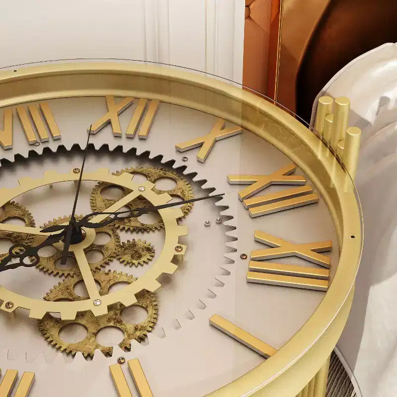 Famapy Gold Top Clock End Table w/Rotating Gear Display Round Nightstand Side Accent Table