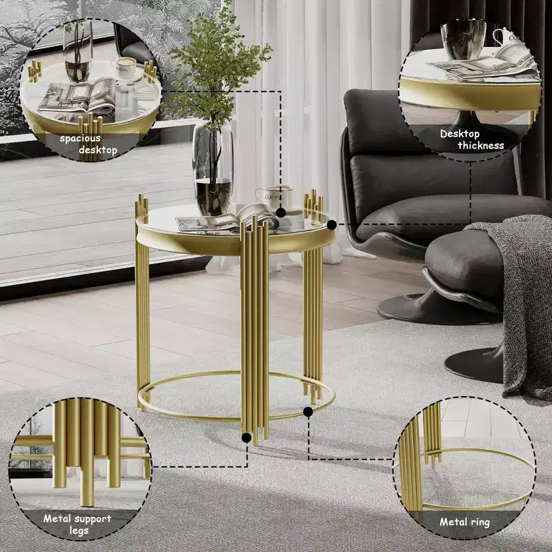 Famapy Gold Top Clock End Table w/Rotating Gear Display Round Nightstand Side Accent Table