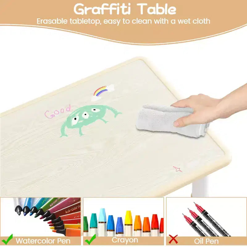 Kids Table and 4 Chairs Set, Height Adjustable Toddler Table and Chair Set, Graffiti Desktop, Children Multi-Activity Table for 4