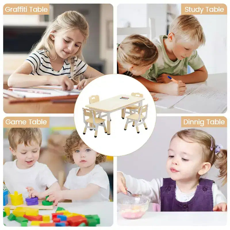 Kids Table and 4 Chairs Set, Height Adjustable Toddler Table and Chair Set, Graffiti Desktop, Children Multi-Activity Table for 4