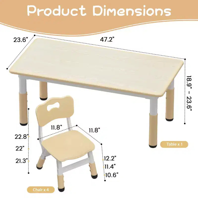 Kids Table and 4 Chairs Set, Height Adjustable Toddler Table and Chair Set, Graffiti Desktop, Children Multi-Activity Table for 4
