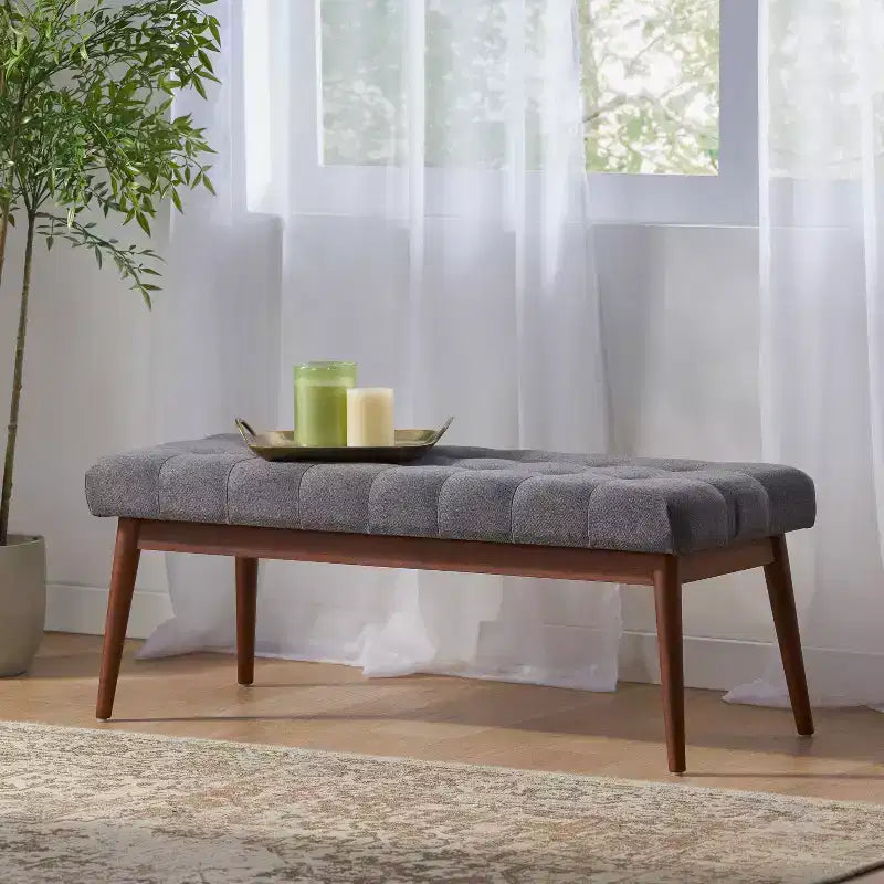 GDFStudio Flora Mid Century Modern 44 Upholstered Tufted Rubberwood Ottoman