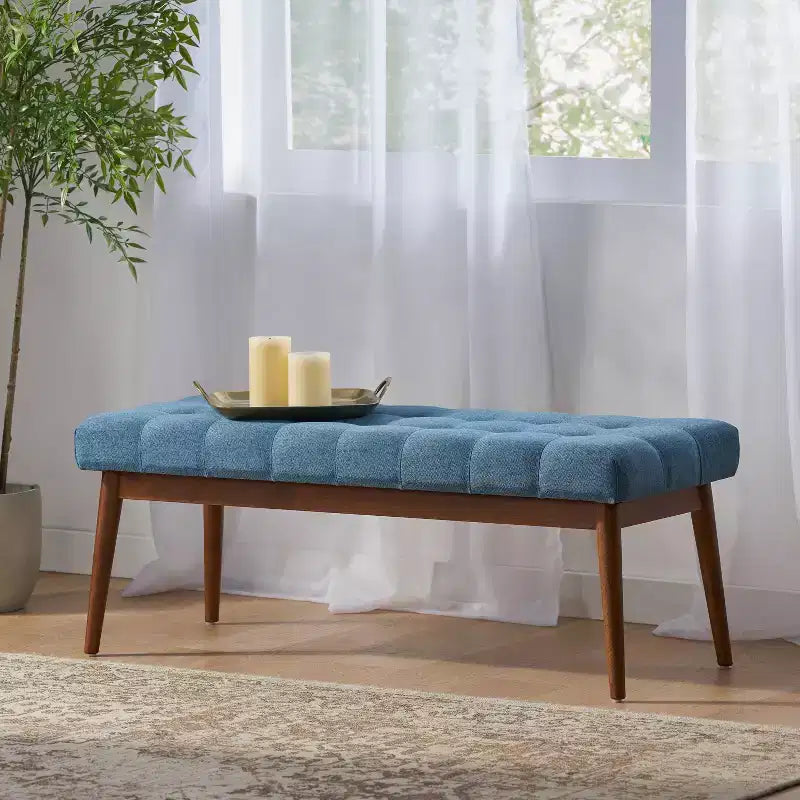 GDFStudio Flora Mid Century Modern 44 Upholstered Tufted Rubberwood Ottoman