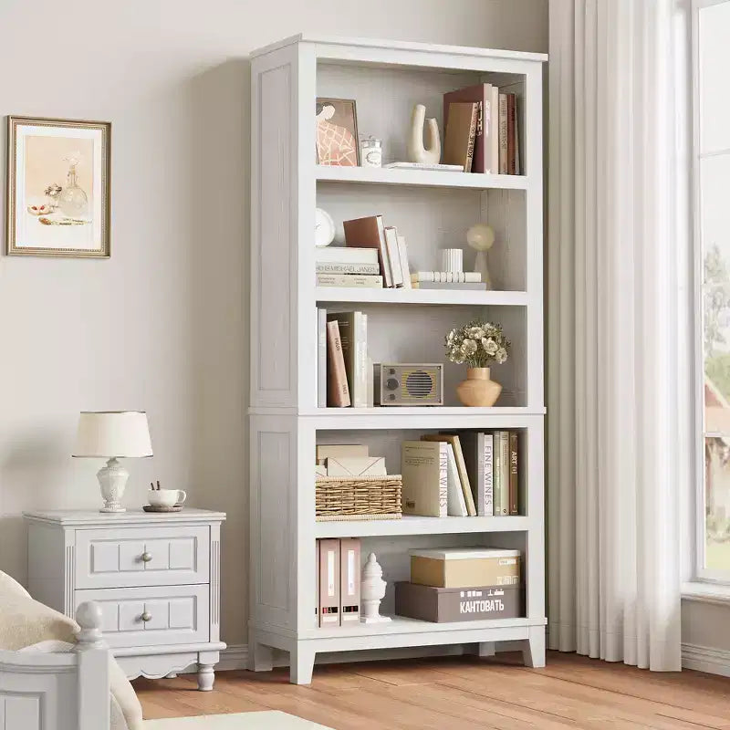 5 Tier Tall White Bookshelves, Large Wooden Bookcase with Adjustable Shelves