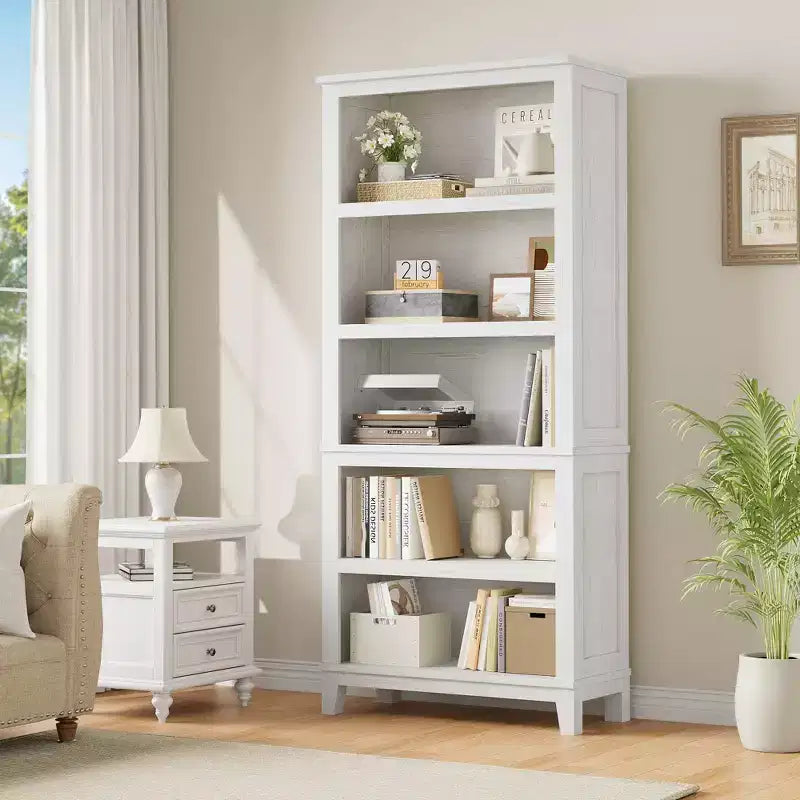 5 Tier Tall White Bookshelves, Large Wooden Bookcase with Adjustable Shelves