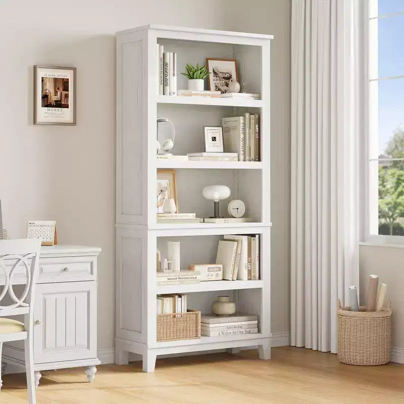 5 Tier Tall White Bookshelves, Large Wooden Bookcase with Adjustable Shelves