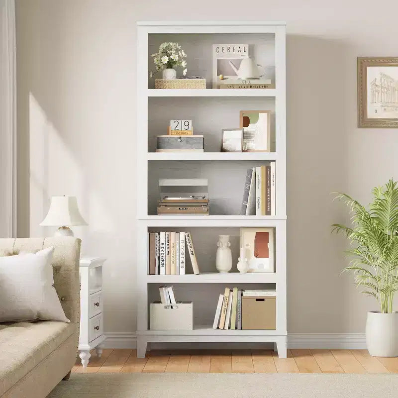 5 Tier Tall White Bookshelves, Large Wooden Bookcase with Adjustable Shelves