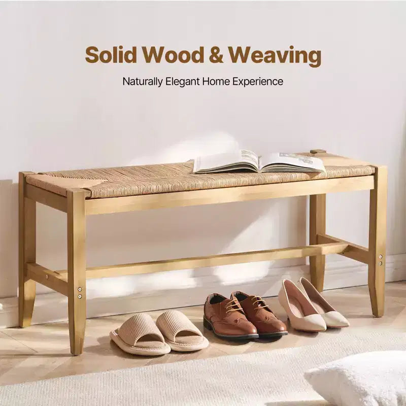 VEVOR Rattan Bench, 40 Wooden Rattan Bench, Entrywway Bench with Oak Wood Legs, Bedroom End of Bed Boho Bench with Hand Woven Rattan