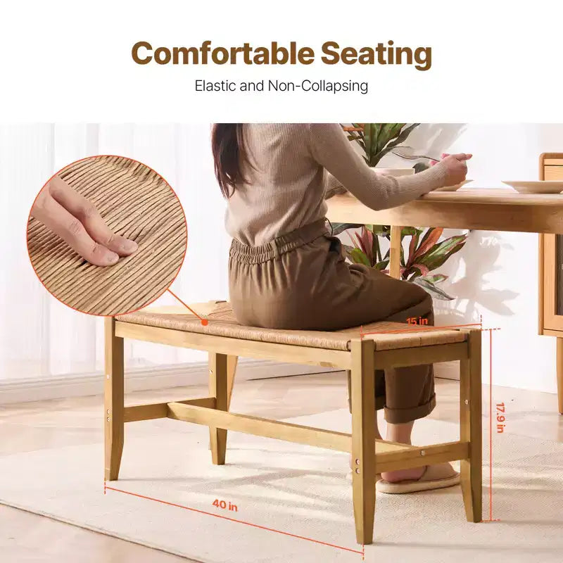 VEVOR Rattan Bench, 40 Wooden Rattan Bench, Entrywway Bench with Oak Wood Legs, Bedroom End of Bed Boho Bench with Hand Woven Rattan