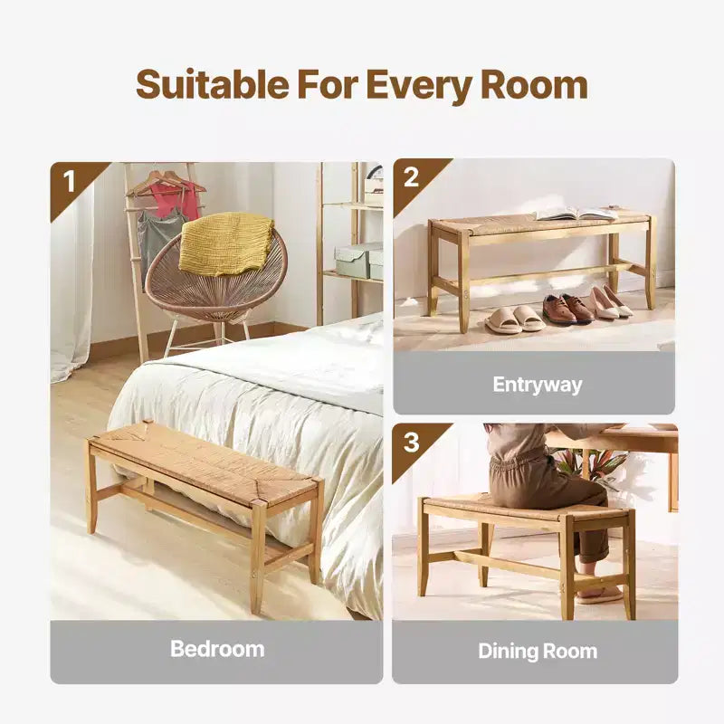VEVOR Rattan Bench, 40 Wooden Rattan Bench, Entrywway Bench with Oak Wood Legs, Bedroom End of Bed Boho Bench with Hand Woven Rattan