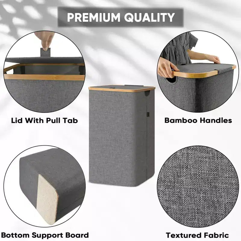 HOMLUX 2.8bu Laundry Hamper with Lid, Bamboo Pull Handles, Internal Support