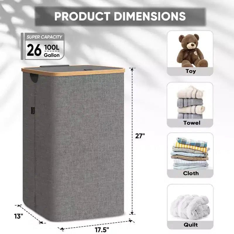 HOMLUX 2.8bu Laundry Hamper with Lid, Bamboo Pull Handles, Internal Support