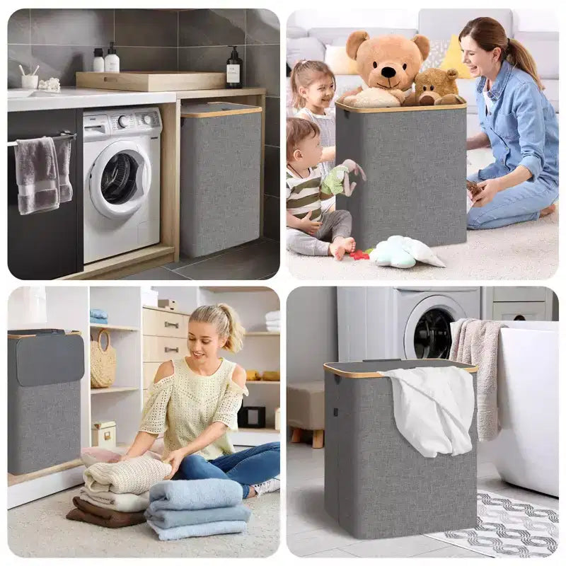 HOMLUX 2.8bu Laundry Hamper with Lid, Bamboo Pull Handles, Internal Support