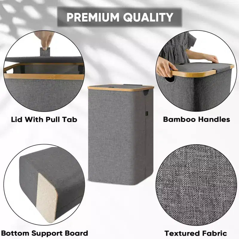 HOMLUX 2.8bu Laundry Hamper with Lid, Bamboo Pull Handles, Internal Support