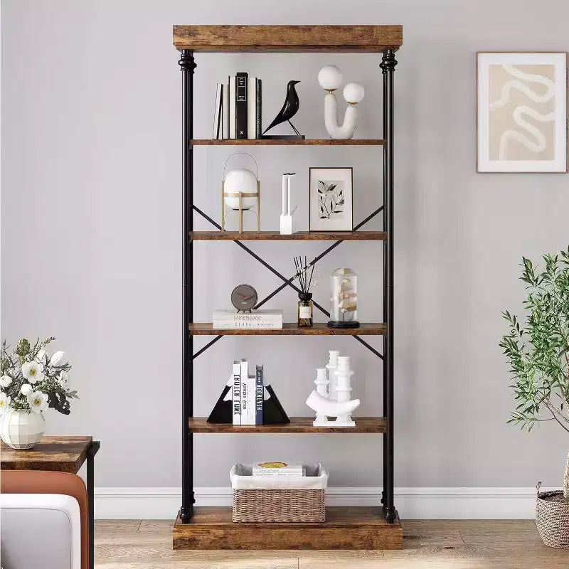 6 Tier Wooden Industrial Bookshelf,Open Shelf with Metal Frame,Large Grey Display Shelf for Bedroom,Living Room,Office