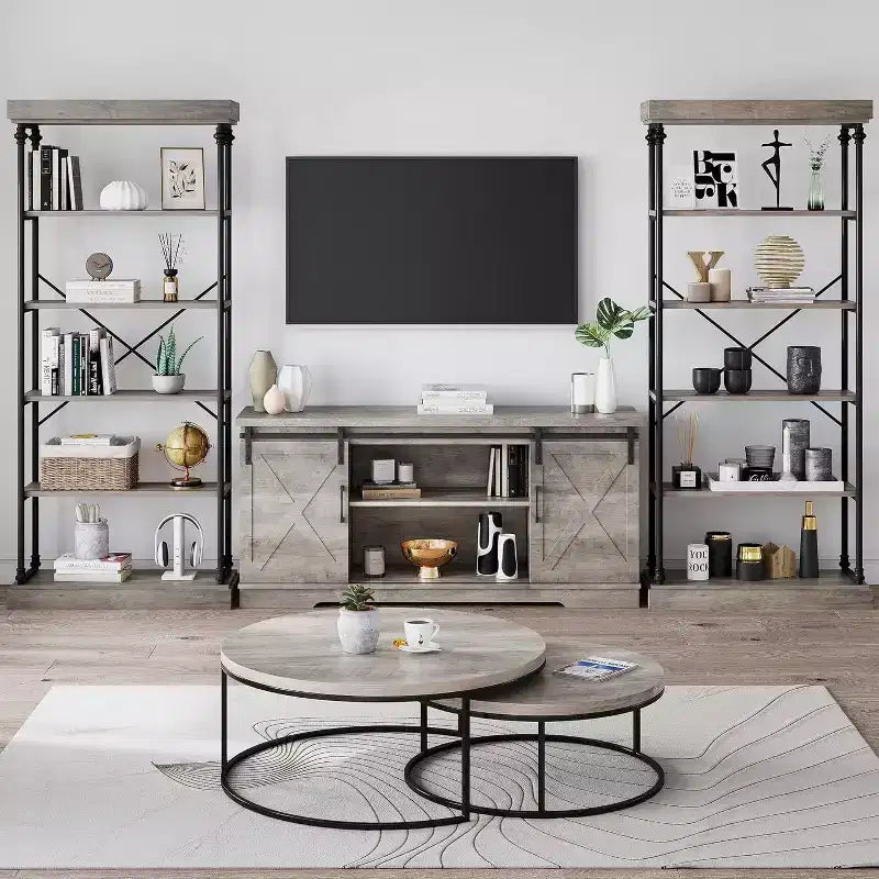 6 Tier Wooden Industrial Bookshelf,Open Shelf with Metal Frame,Large Grey Display Shelf for Bedroom,Living Room,Office