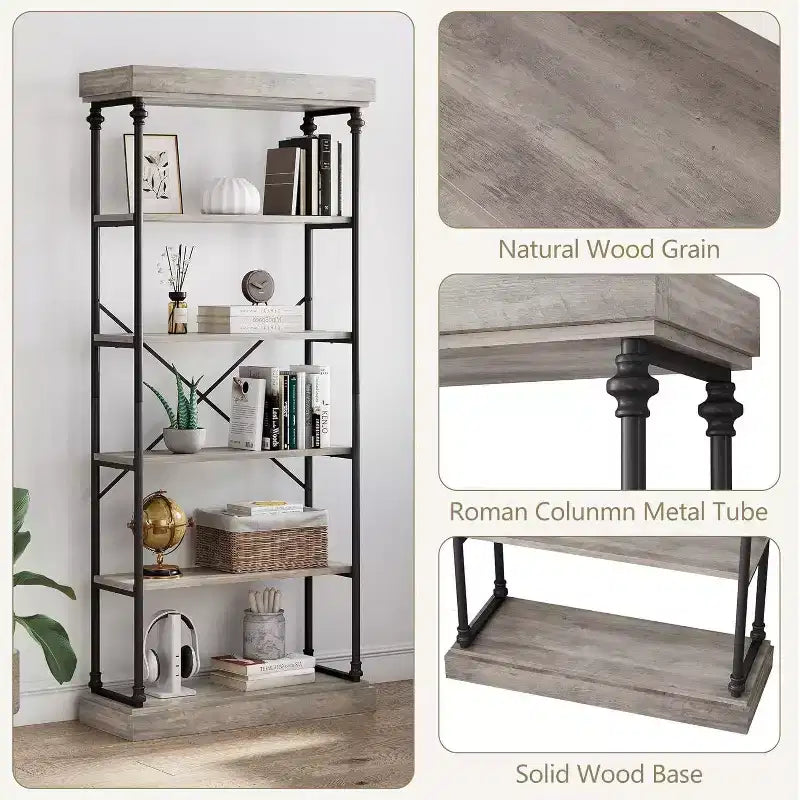 6 Tier Wooden Industrial Bookshelf,Open Shelf with Metal Frame,Large Grey Display Shelf for Bedroom,Living Room,Office