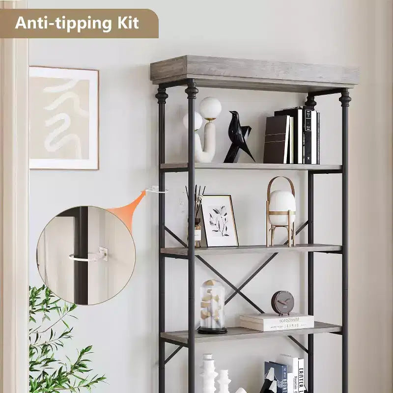 6 Tier Wooden Industrial Bookshelf,Open Shelf with Metal Frame,Large Grey Display Shelf for Bedroom,Living Room,Office