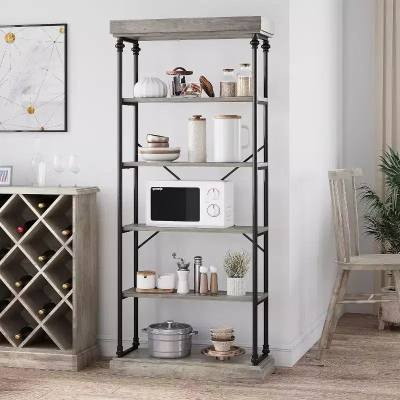 6 Tier Wooden Industrial Bookshelf,Open Shelf with Metal Frame,Large Grey Display Shelf for Bedroom,Living Room,Office