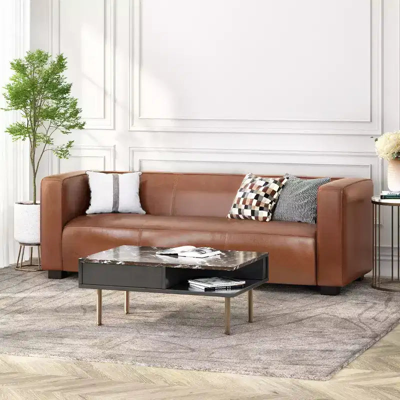 Christopher Knight Home Kaia 80 Contemporary Square Arm Faux Leather 3 Seater Sofa with Birch Wood Legs