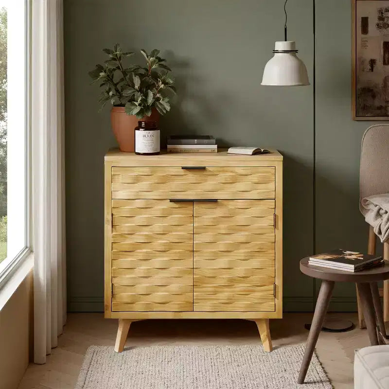 Art Leon Wavy Carving Wooden Cabinet Sideboard with Drawer Storage